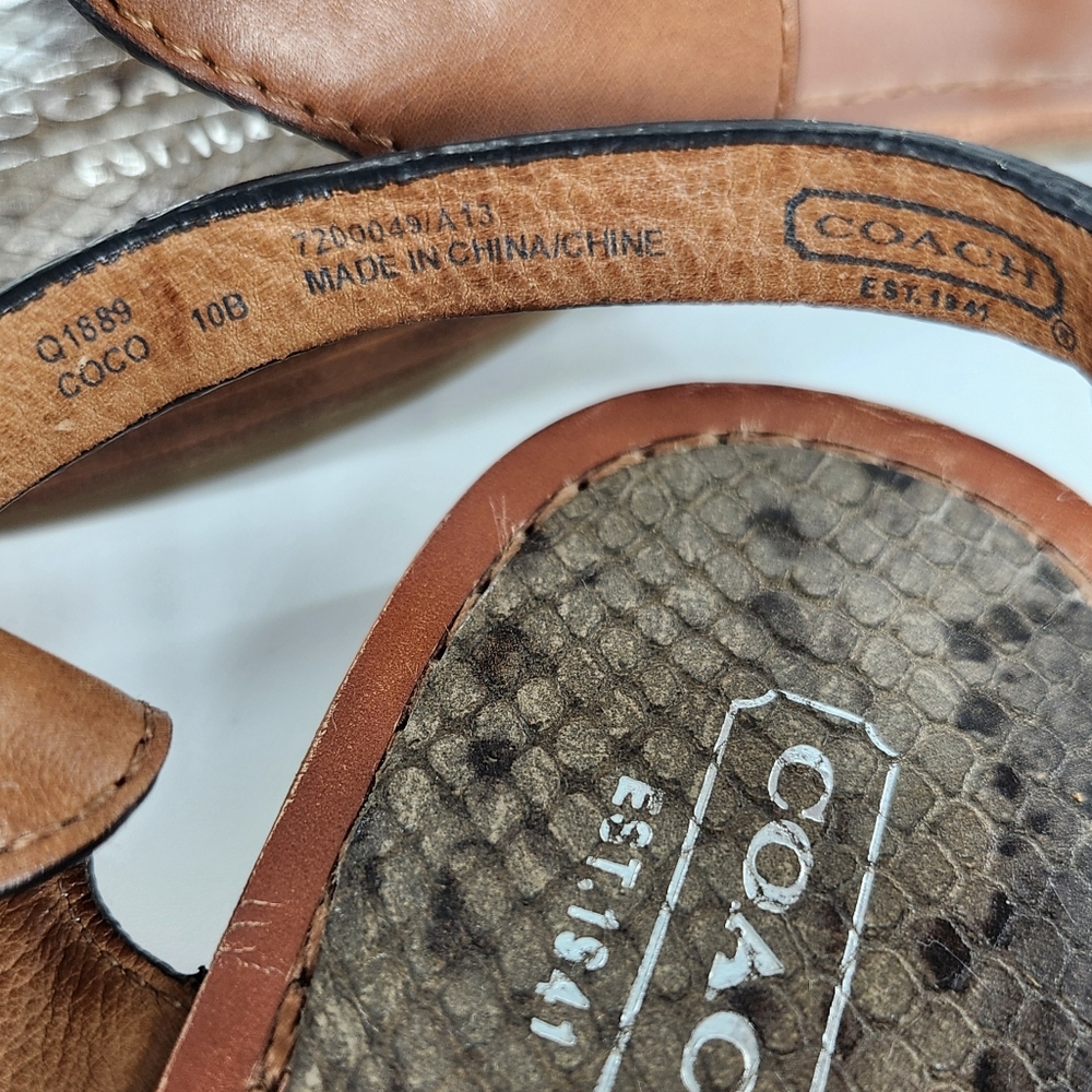 Coach Coco Tan Leather & Python Snake Print T-Strap Slingback Flat Thong Sandals - Picture 11 of 13